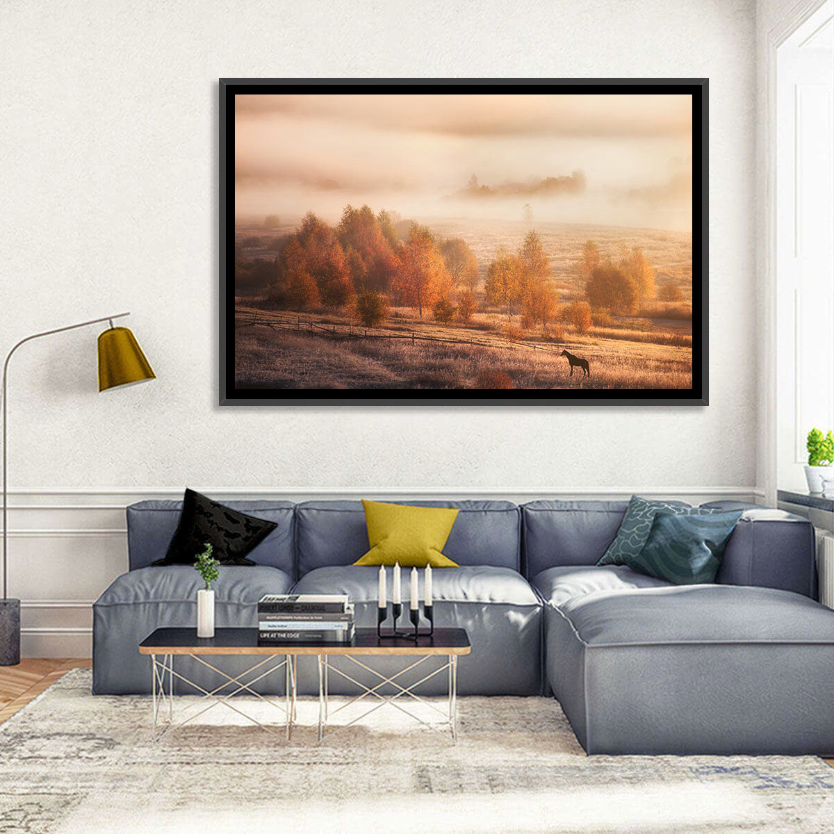 Autumn Morning Horse Silhouette Wall Art in a room, landscape