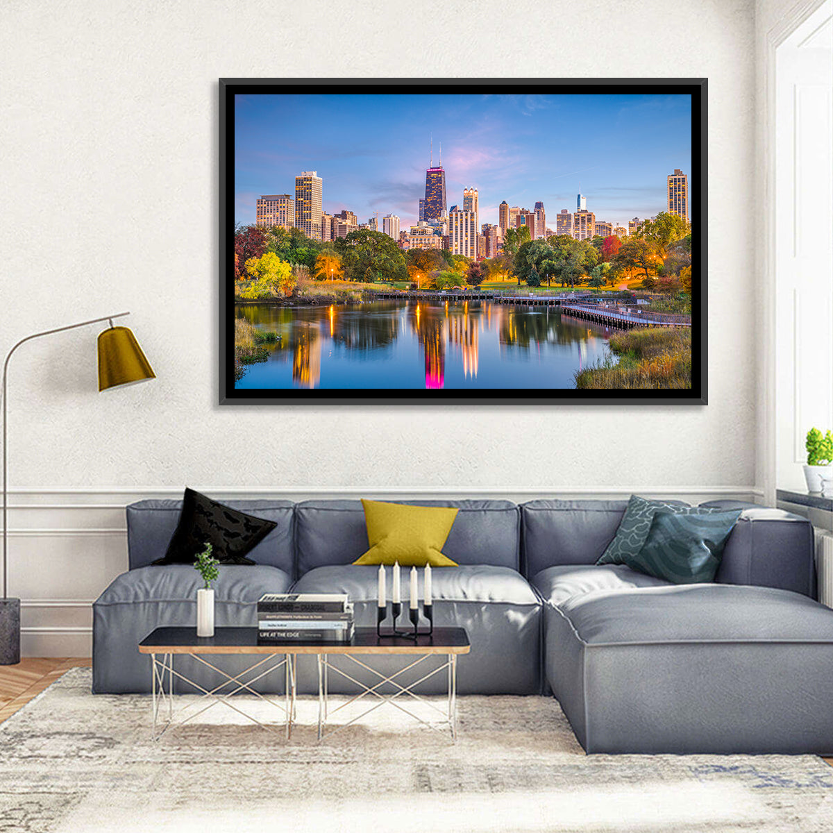 Chicago Skyline at Twilight Wall Art in a room, landscape