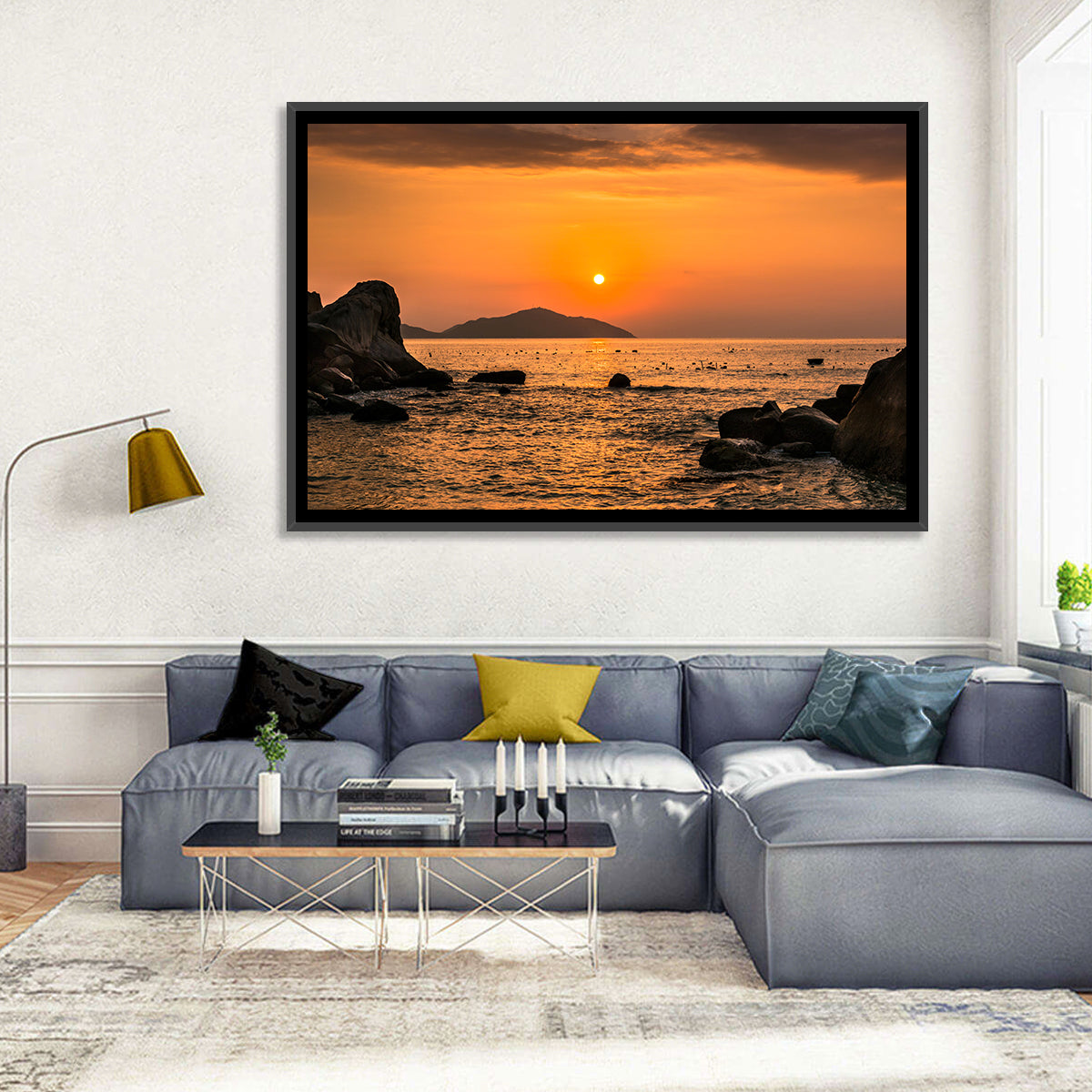 Orange Sunrise Over Rocky Coast Wall Art in a room, landscape