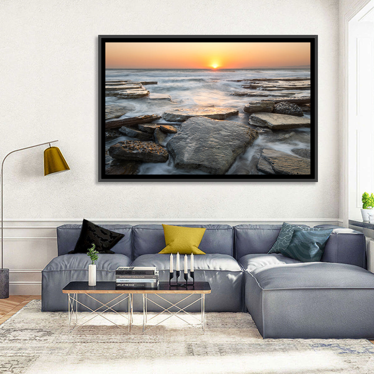 Golden Hour Rock Shoreline Sunset Wall Art in a room, landscape