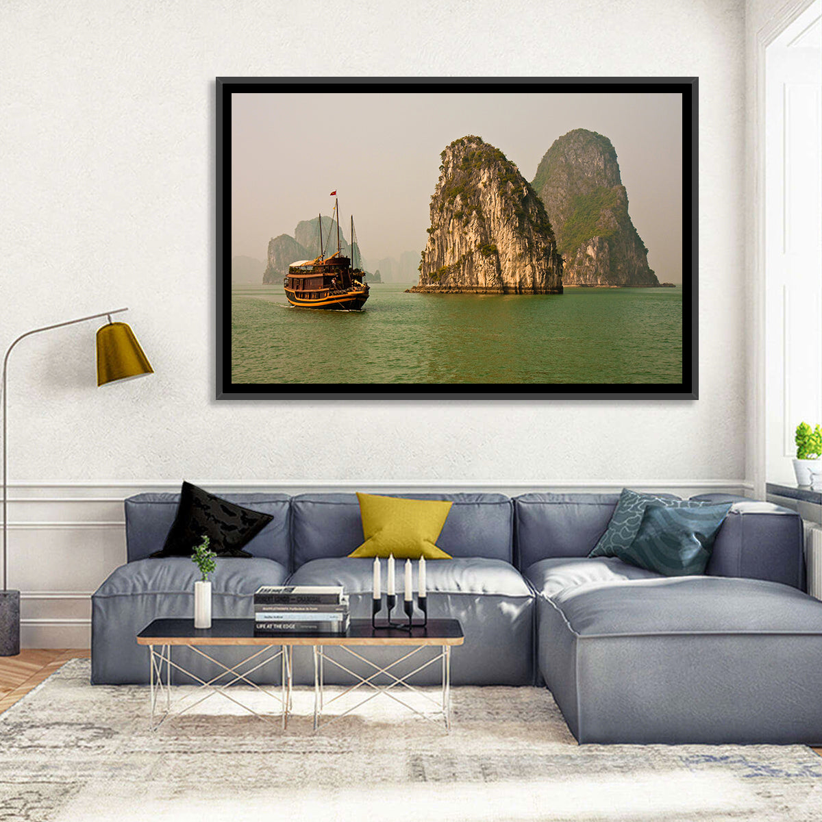 Ha Long Bay Junk Boat and Karst Cliffs Wall Art in a room, landscape