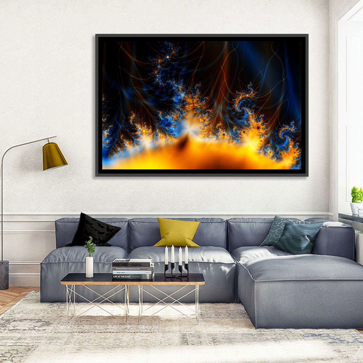 Solar Flare Fractal Flame Wall Art in a room, landscape