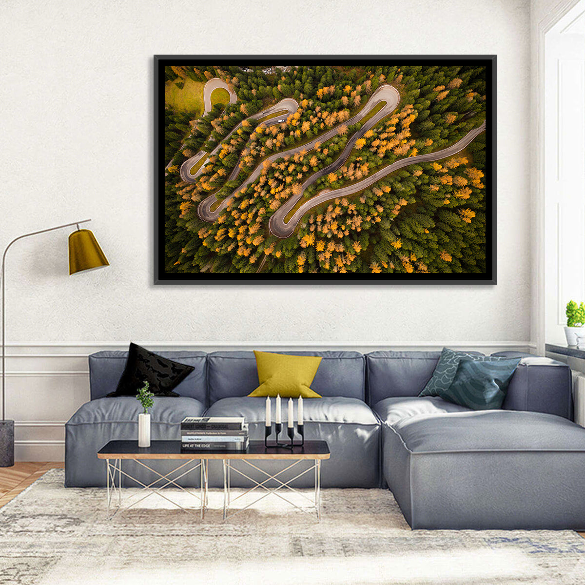 Aerial Curvy Forest Road Wall Art in a room, landscape