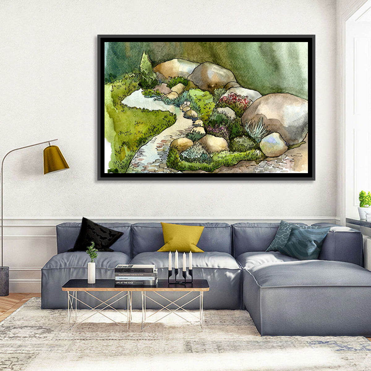 Watercolor Rock Garden Stream Wall Art
