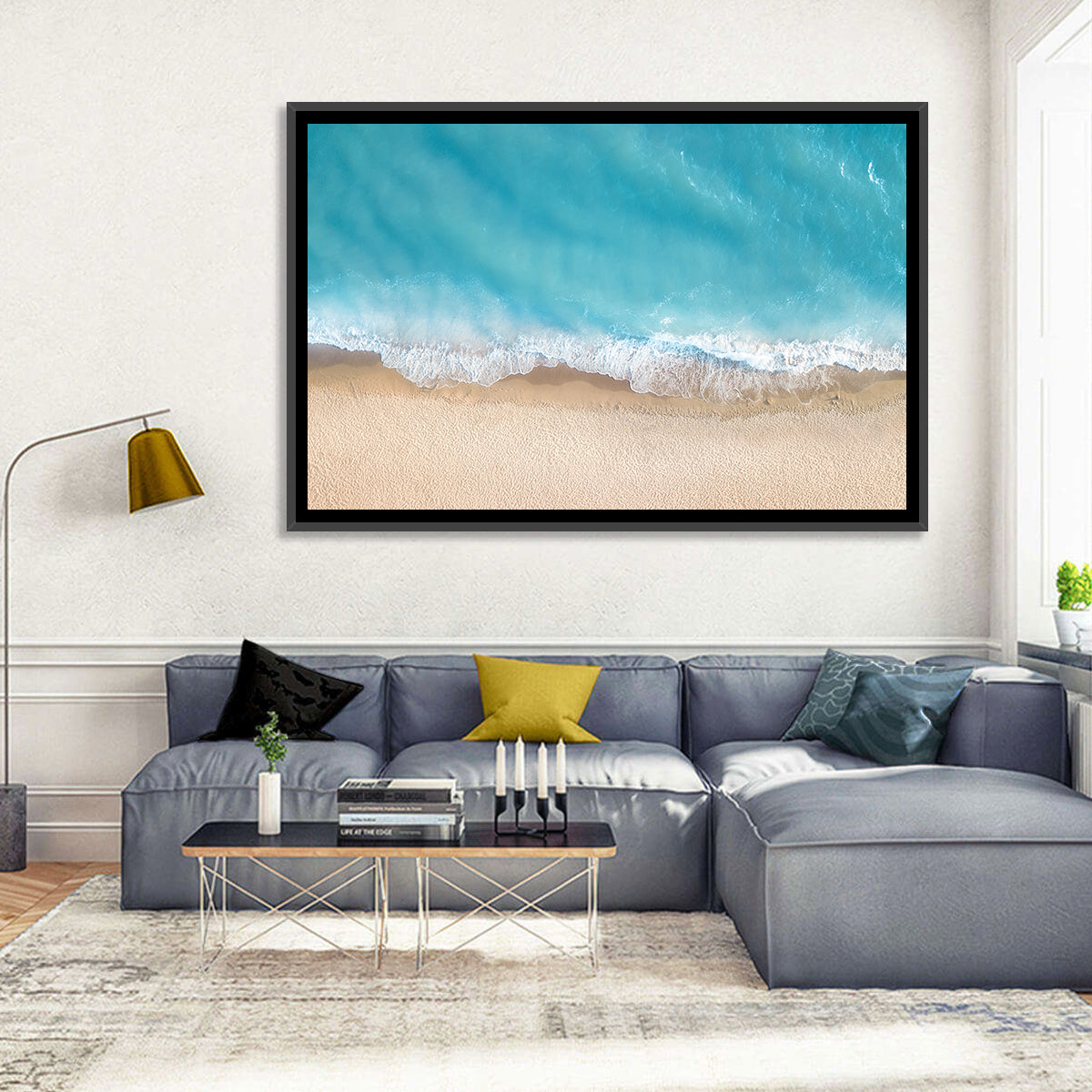 Top-down Turquoise Beachscape Wall Art in a room, landscape