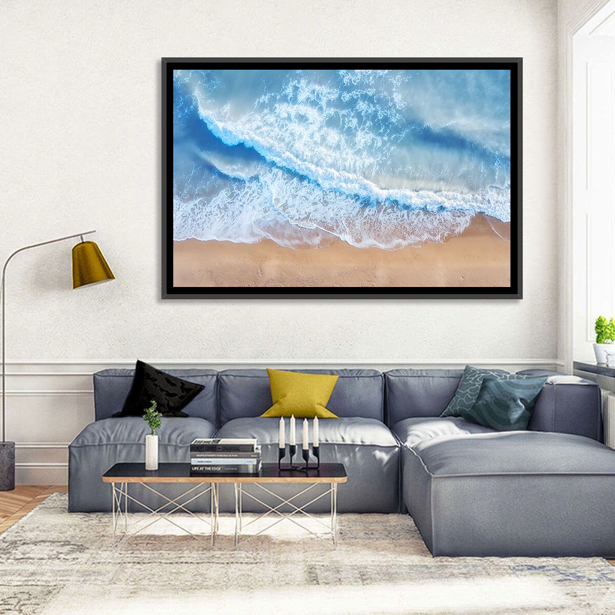 Aerial Turquoise Beach Waves Wall Art in a room, landscape
