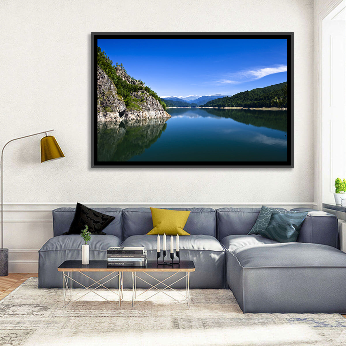 Calm Mountain Lake Reflection Wall Art in a room, landscape