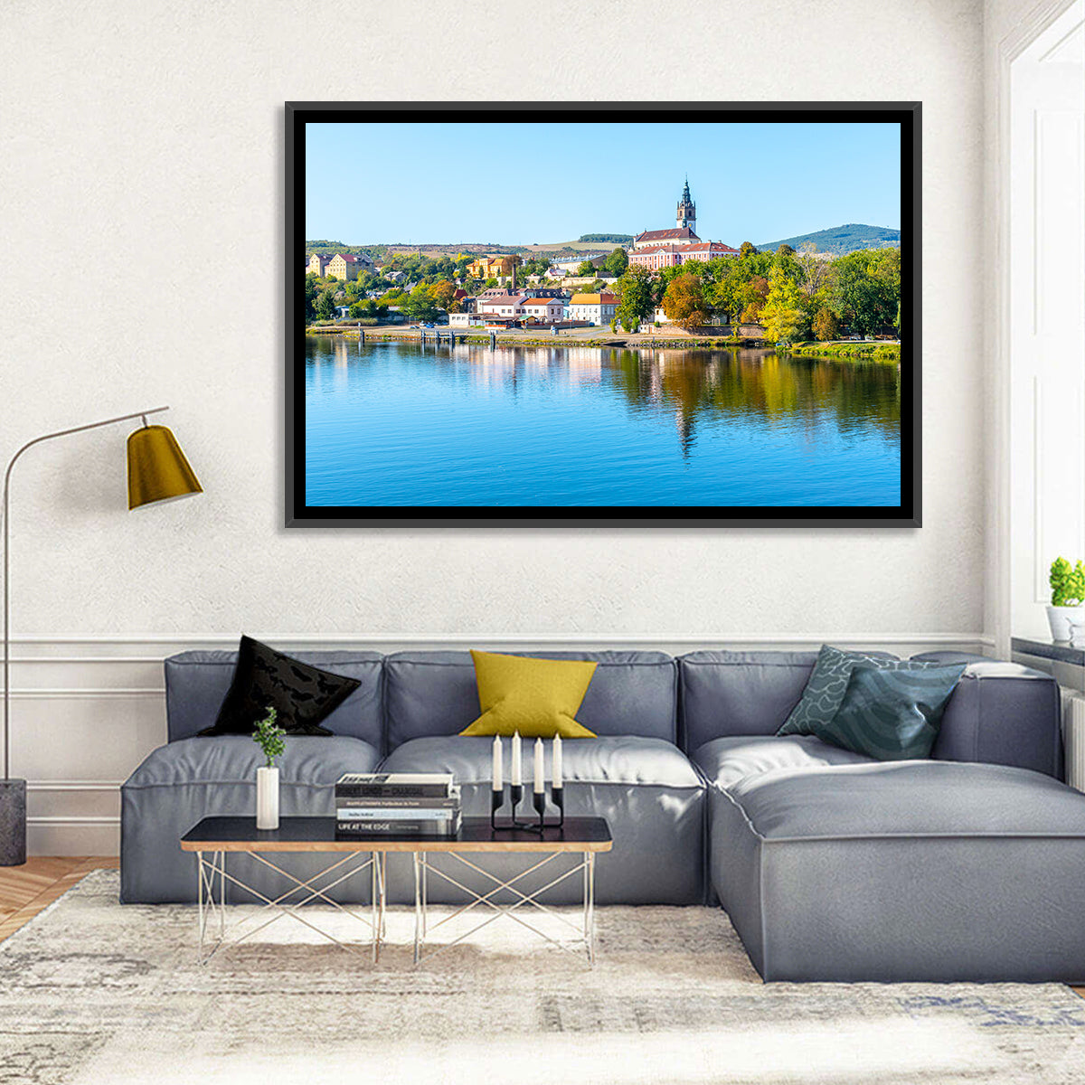 Roudnice Castle Riverbank Reflections Wall Art in a room, landscape