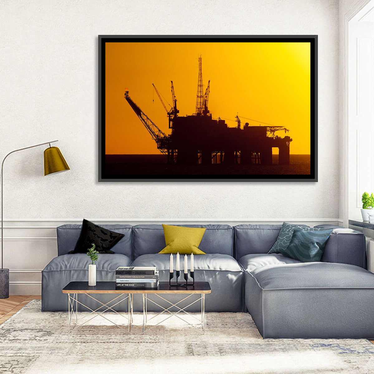Oil Rig Silhouette at Sunset Wall Art in a room, landscape