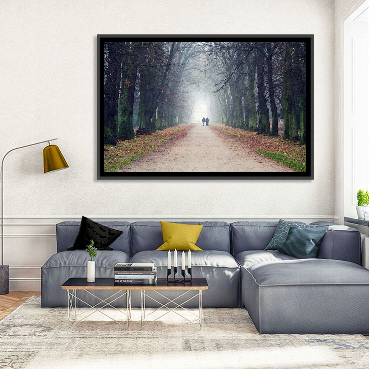 Foggy Tree Lined Walkway in Autumn Wall Art in a room, landscape