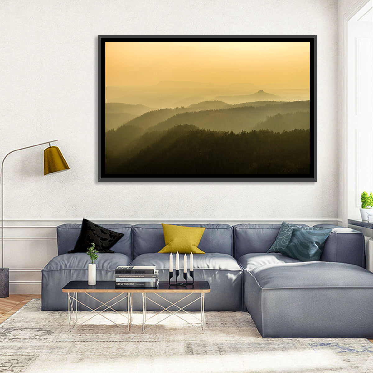 Misty Golden Ridge Landscape Wall Art in a room, landscape