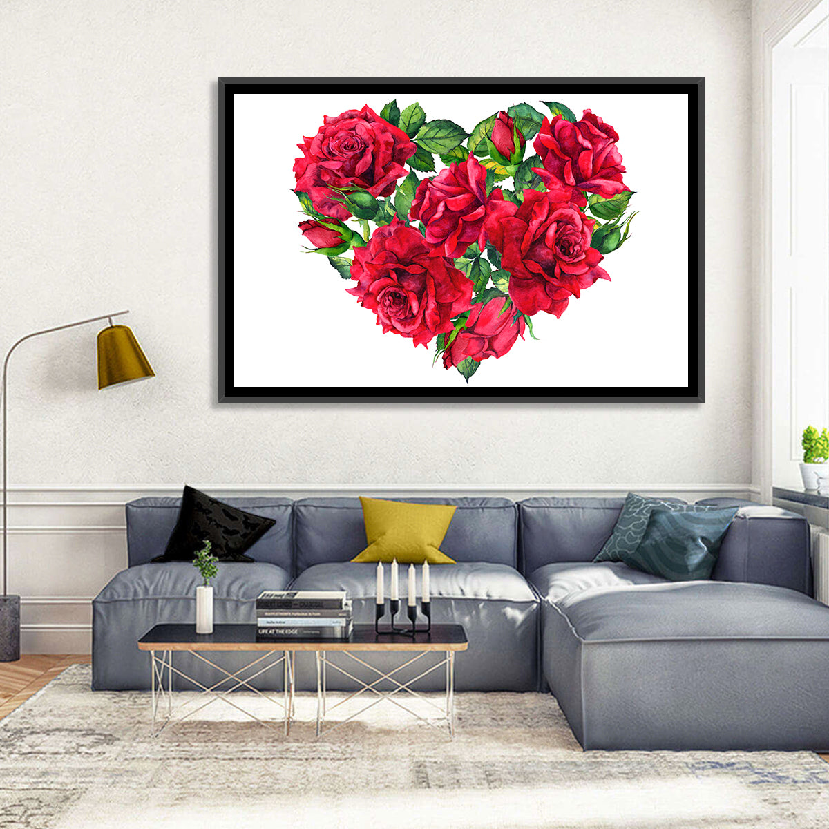 Watercolor Rose Heart Wall Art in a room, landscape