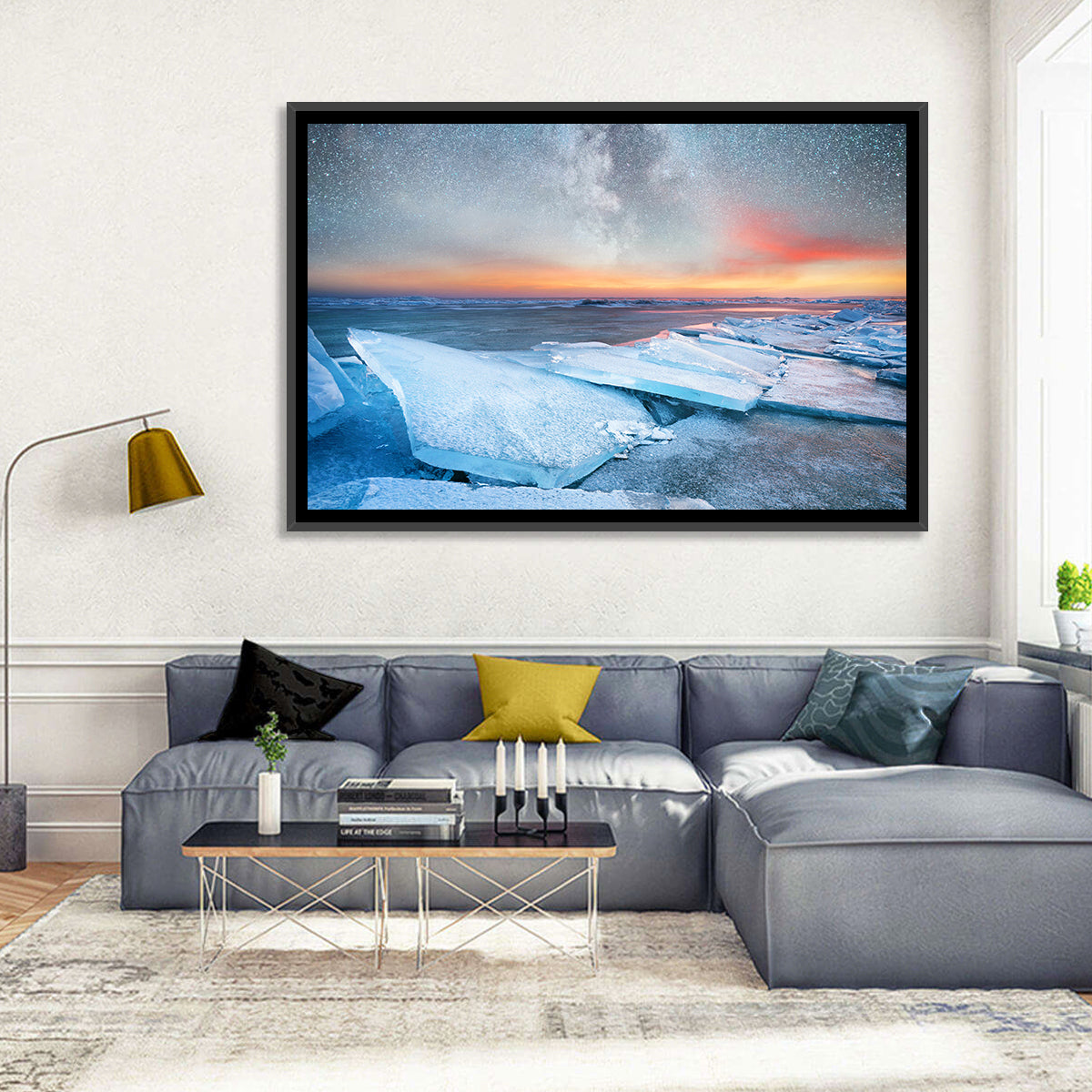 Milky Way Over Frozen Shore Wall Art in a room, landscape
