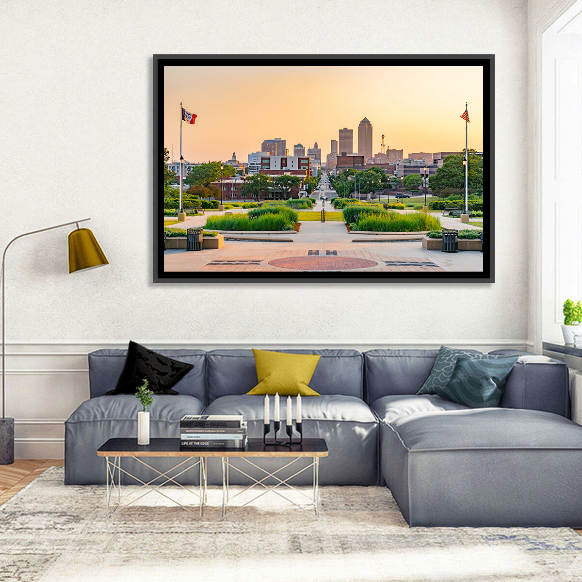 Des Moines Golden Hour Skyline Wall Art in a room, landscape