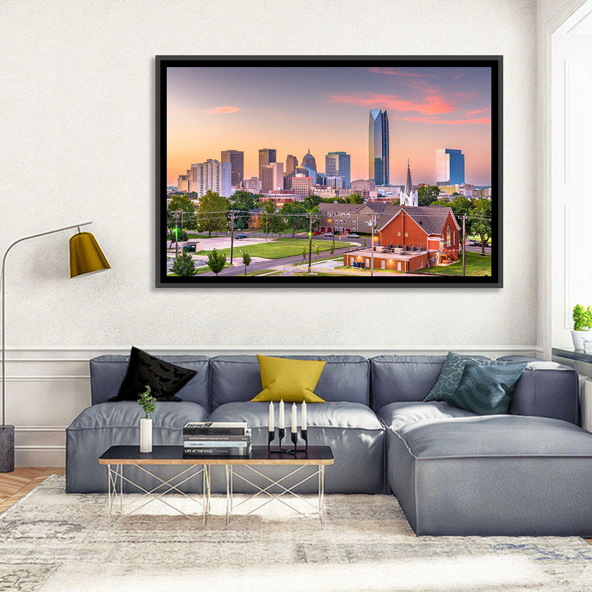 Oklahoma City Golden Hour Skyline Wall Art in a room, landscape