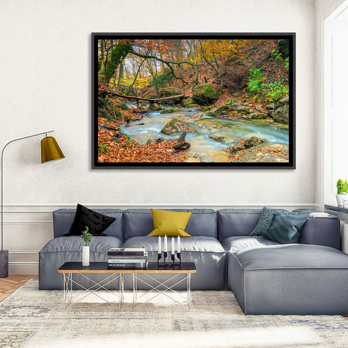 Mossy Footbridge in Autumn Forest Wall Art in a room, landscape