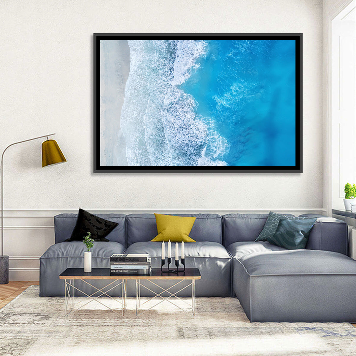 Aerial Turquoise Beach Waves Wall Art in a room, landscape