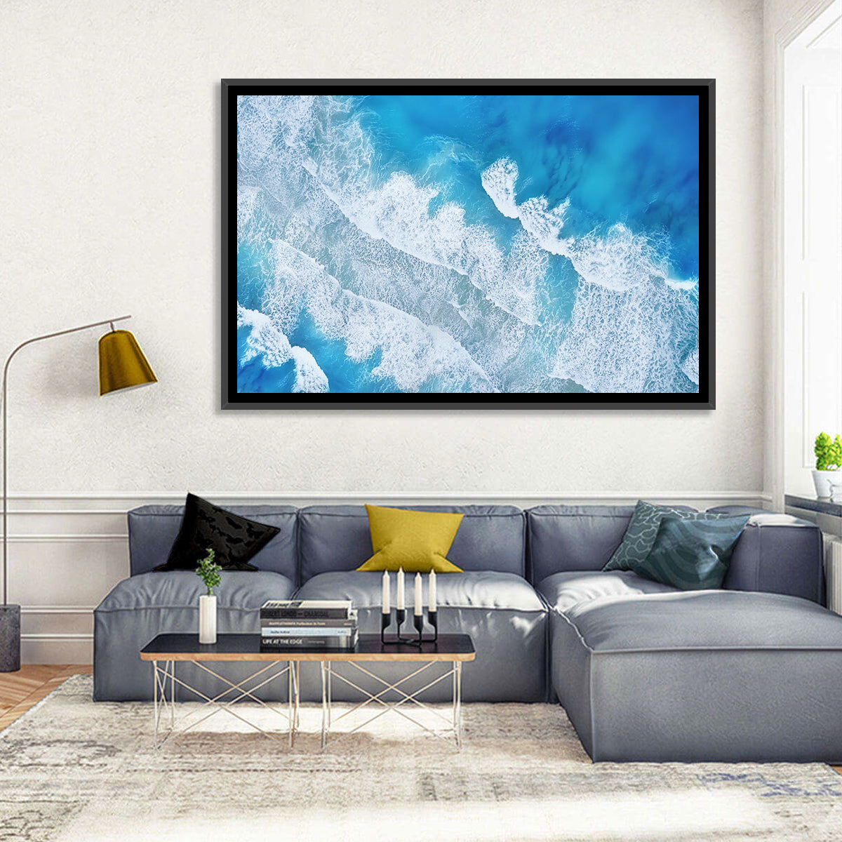 Aerial Turquoise Waves Wall Art in a room, landscape