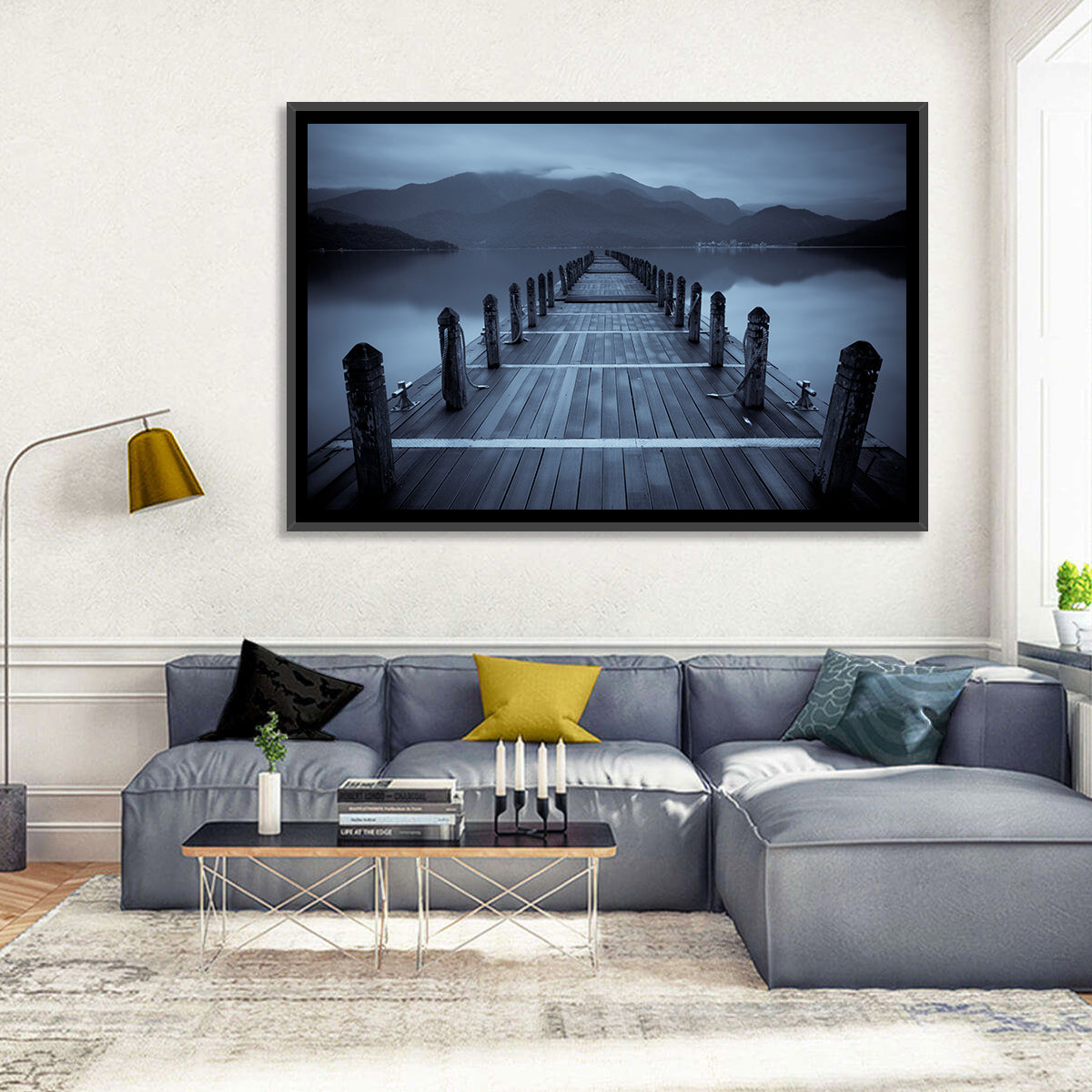 Long Lake Pier at Dusk Wall Art in a room, landscape
