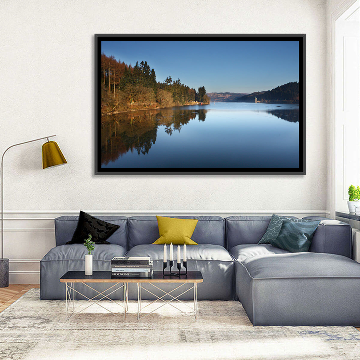 Lake Vyrnwy Golden Hour Reflection Wall Art in a room, landscape