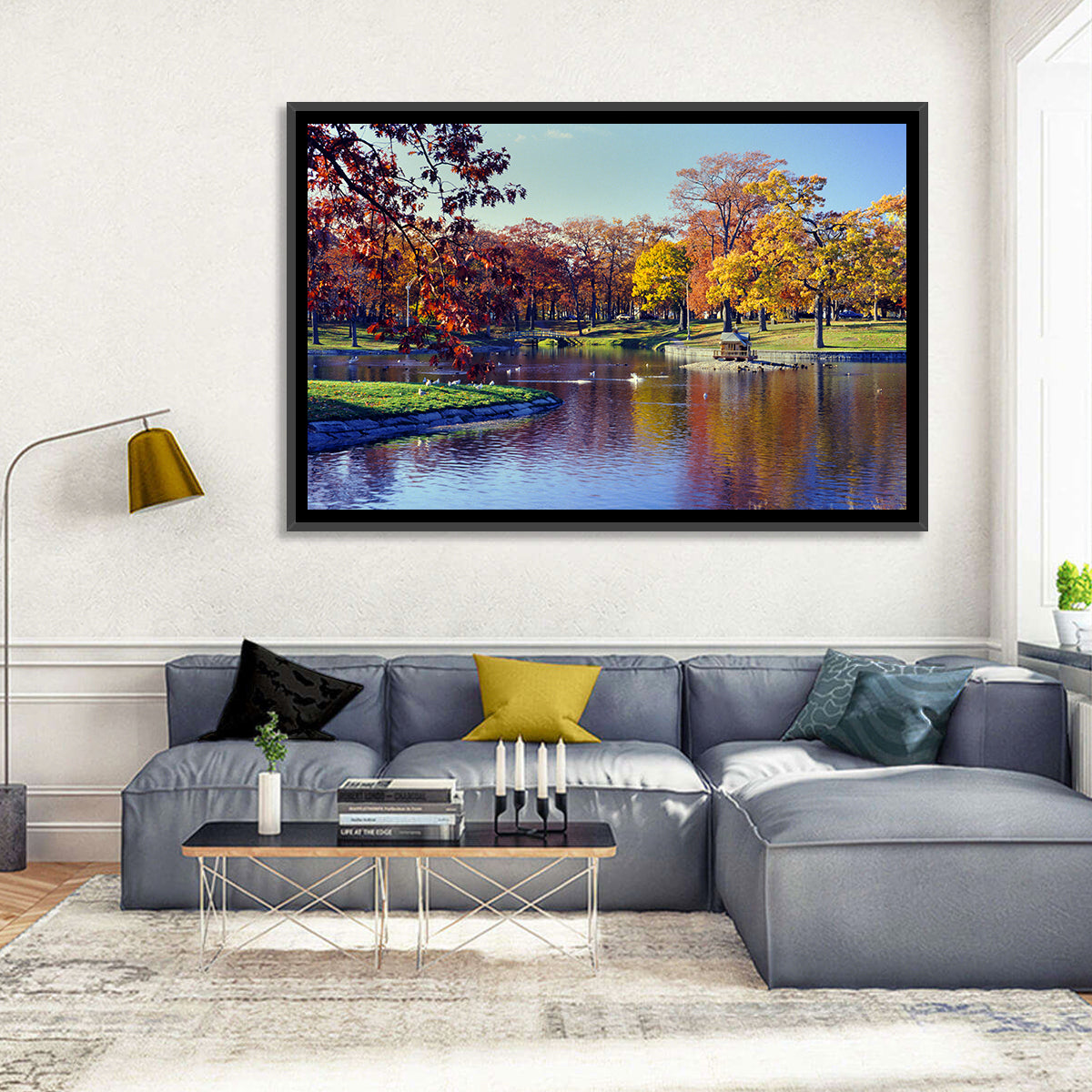 Deering Oaks Autumn Pond Wall Art in a room, landscape