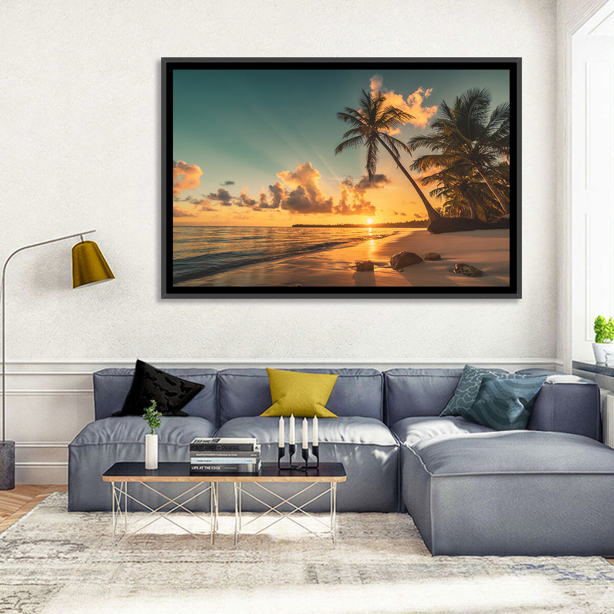Golden Hour Palm Beach Sunset Wall Art in a room, landscape