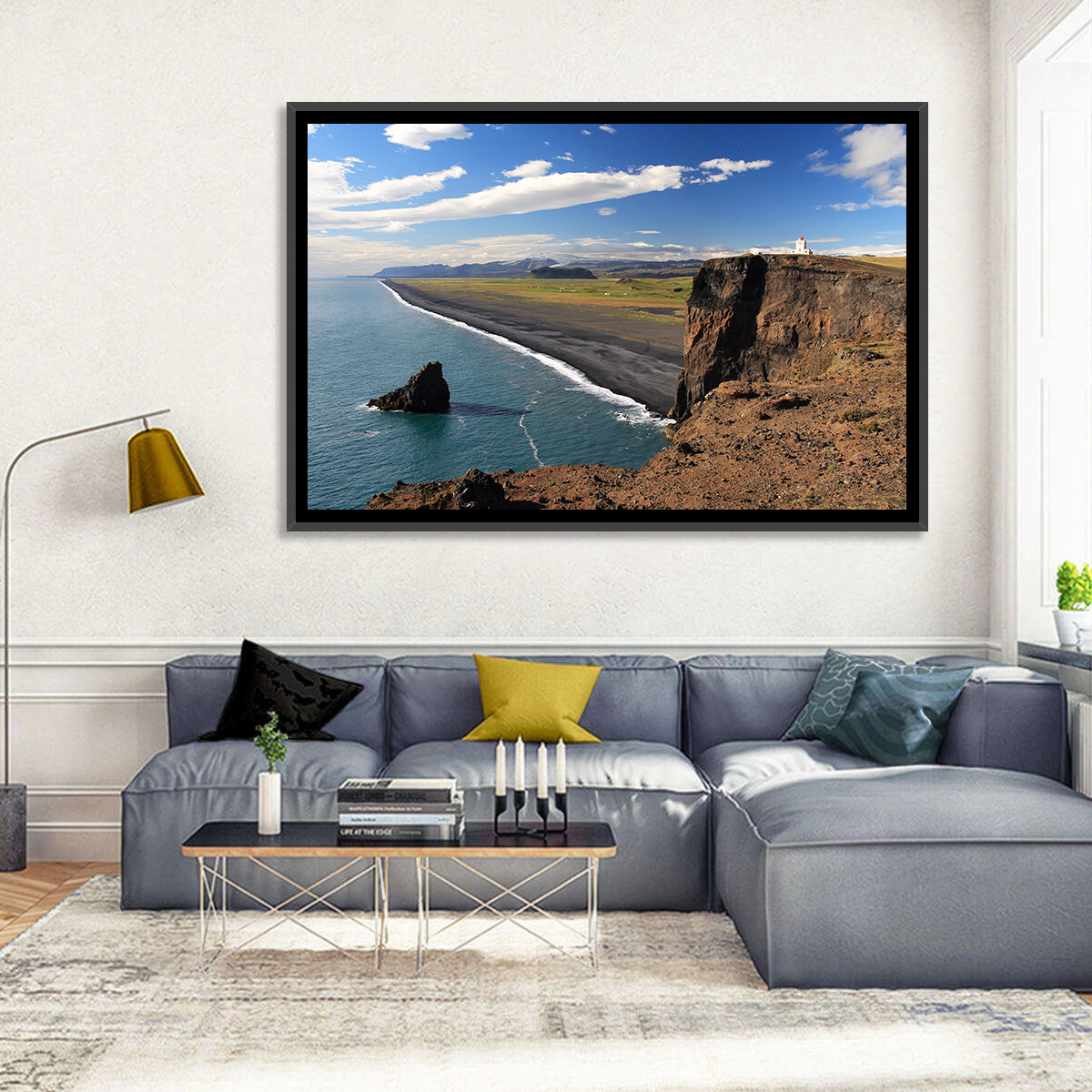 Dyrhólaey Black Sand Beach and Sea Stack Wall Art in a room, landscape