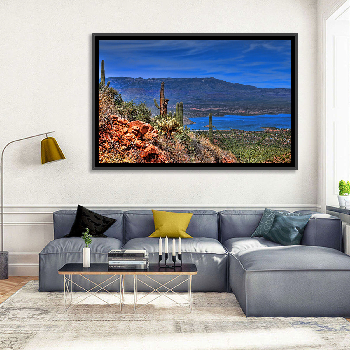 Roosevelt Lake Saguaro Vista Wall Art in a room, landscape