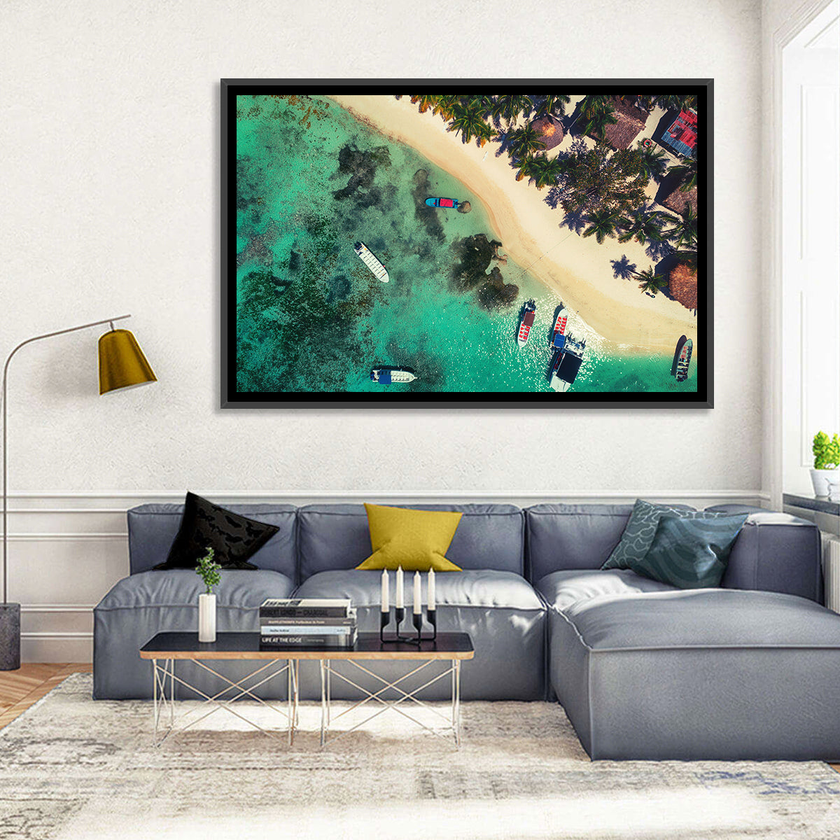 Aerial Tropical Shoreline with Six Boats Wall Art in a room, landscape