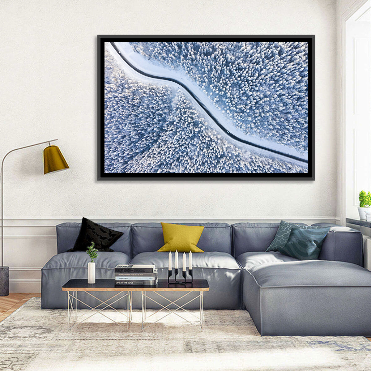 Winding Snowy Forest Road Wall Art in a room, landscape