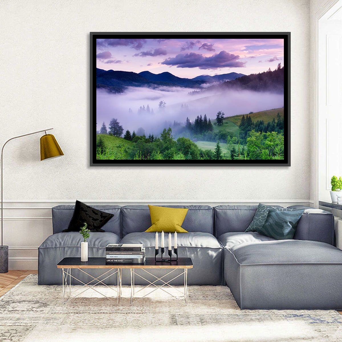 Misty Mountain Valley at Twilight Wall Art in a room, landscape