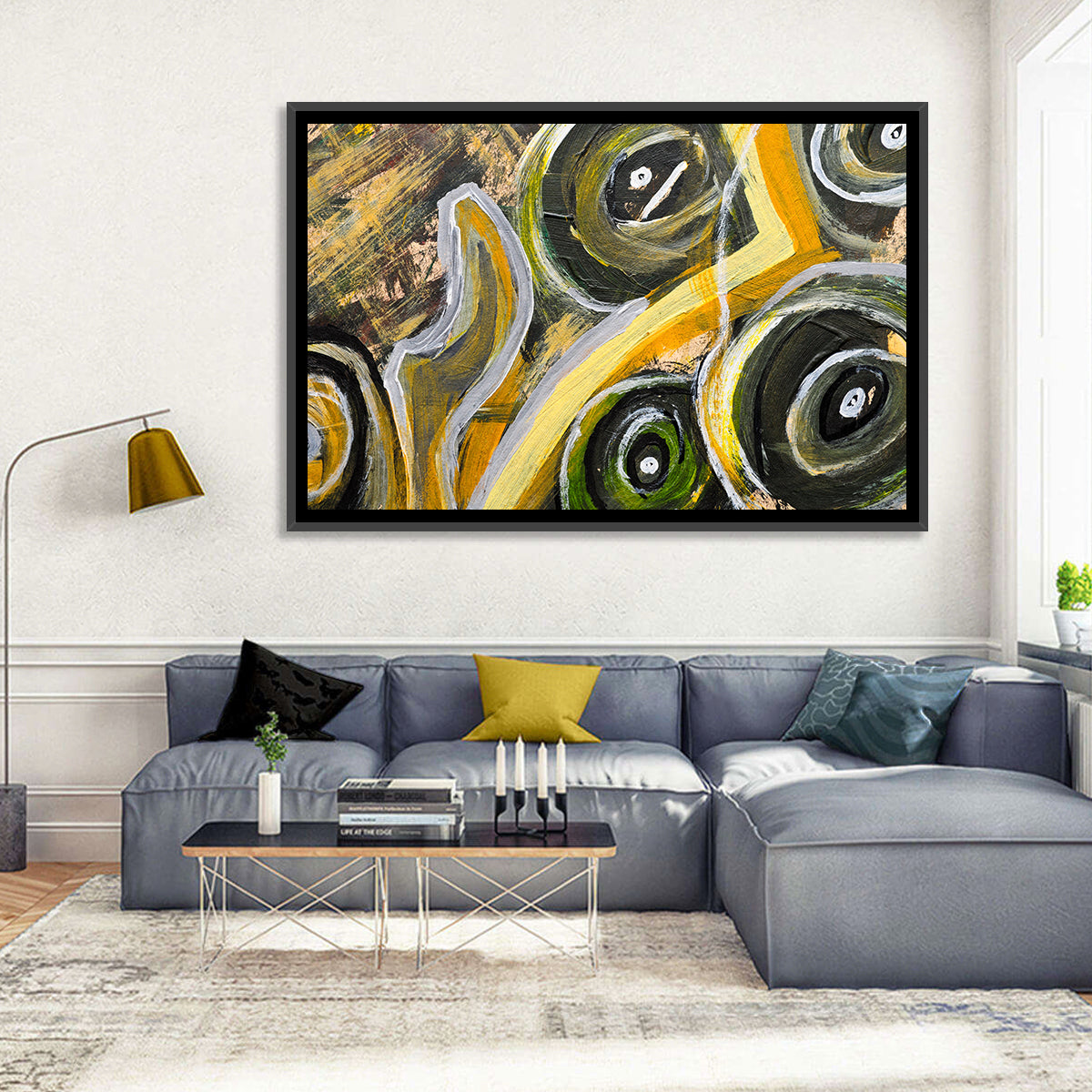 Impasto Swirl Circles in Yellow and Black Wall Art