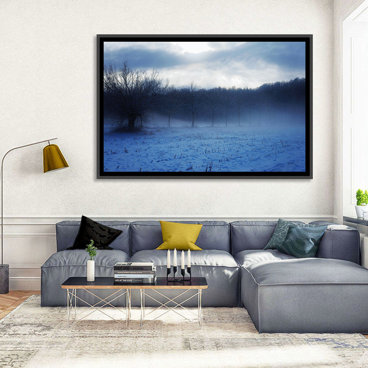Snowy Italian Countryside Wall Art in a room, landscape