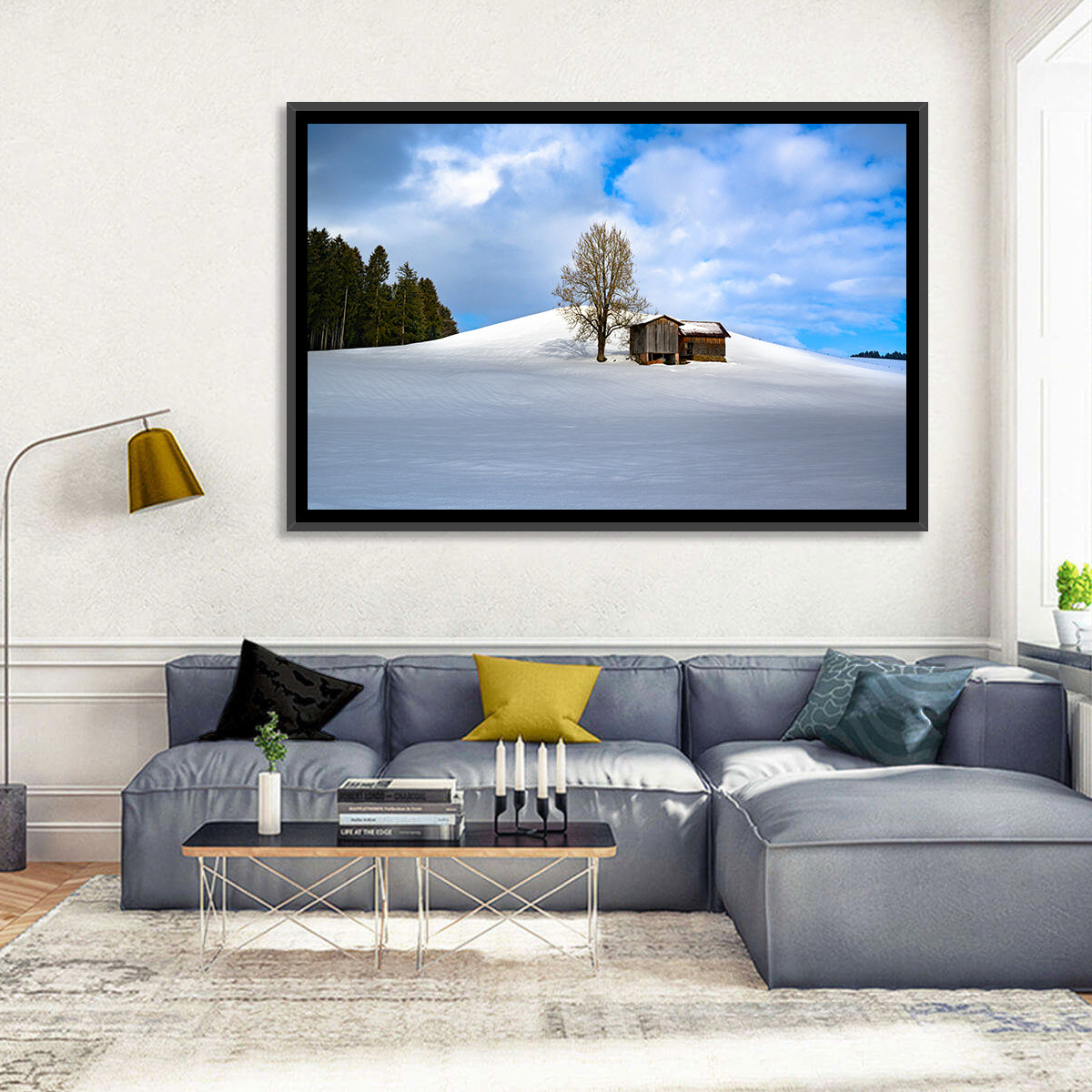 Rustic Barn on a Snowy Hill Wall Art in a room, landscape