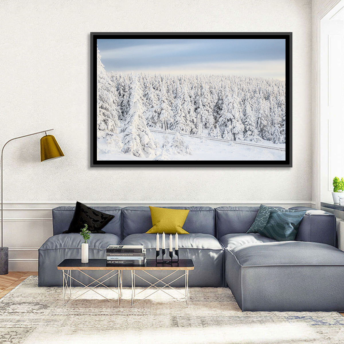 Snowy Forest Railway Tracks Wall Art in a room, landscape