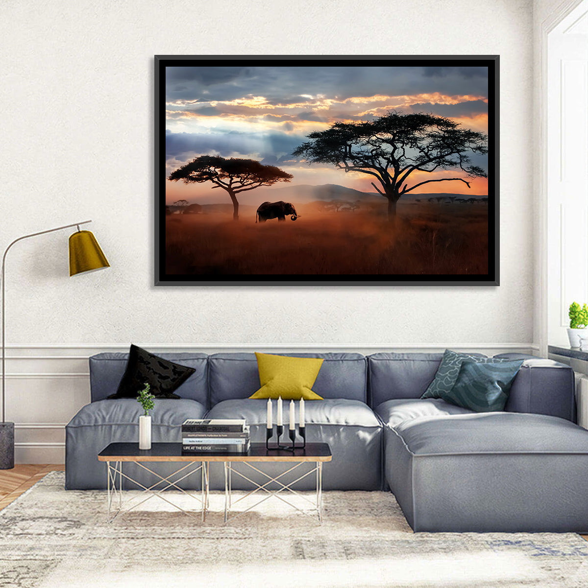 Savanna Elephant at Sunset Wall Art in a room, landscape