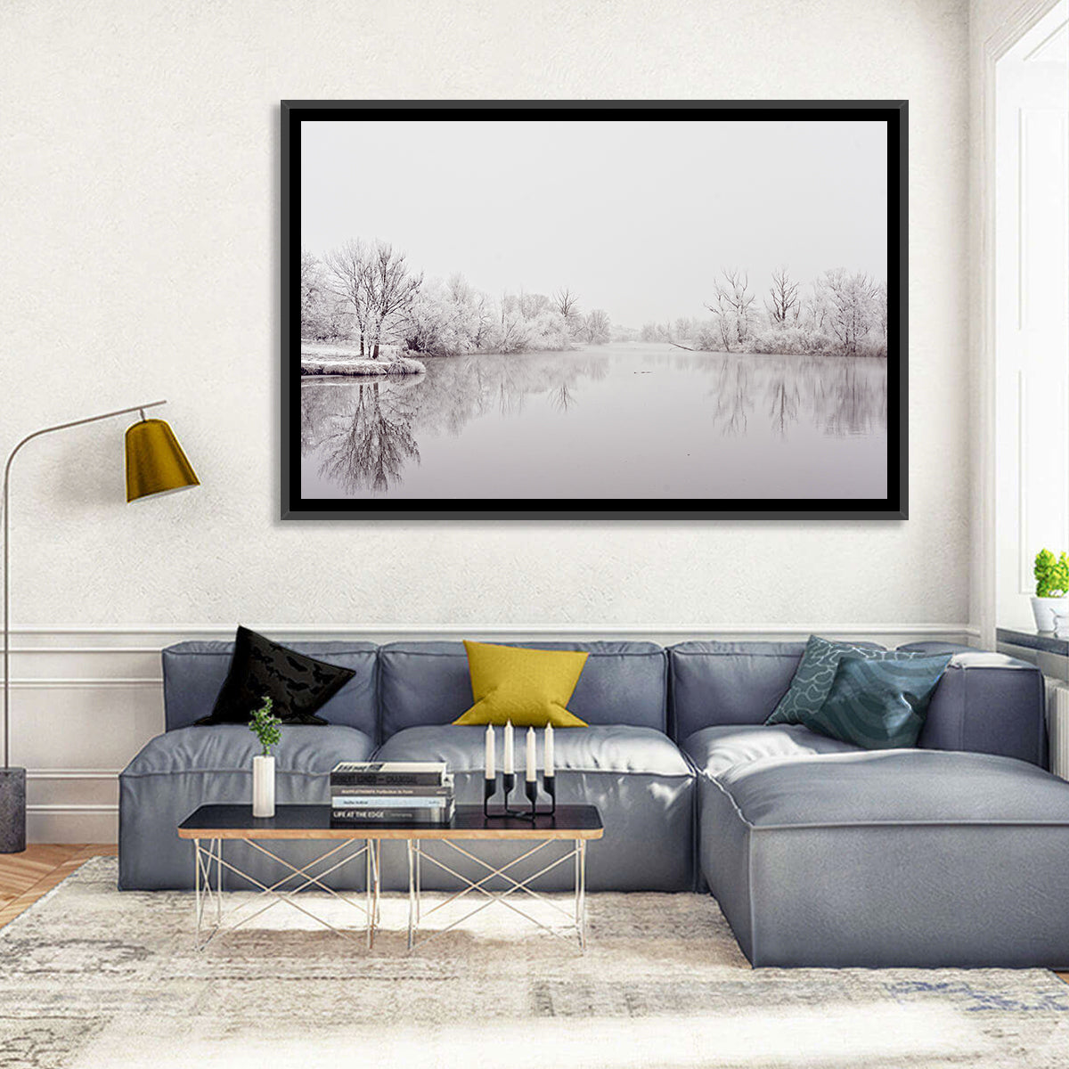 Frozen River Reflection in Winter Fog Wall Art in a room, landscape