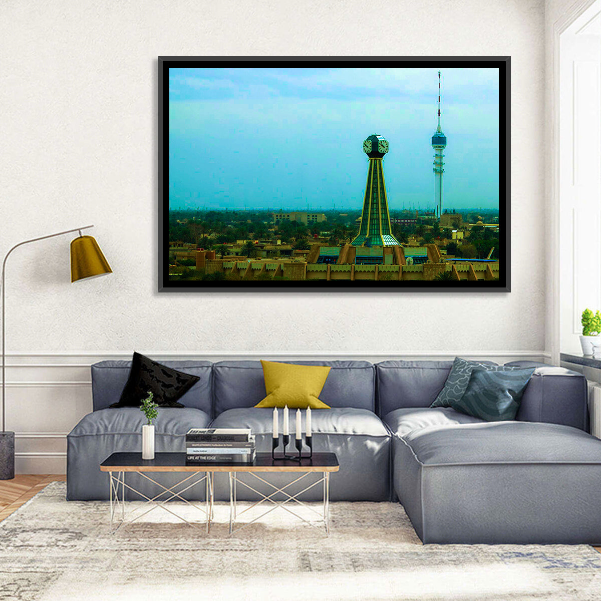 Baghdad Clock Tower Cityscape Wall Art in a room, landscape