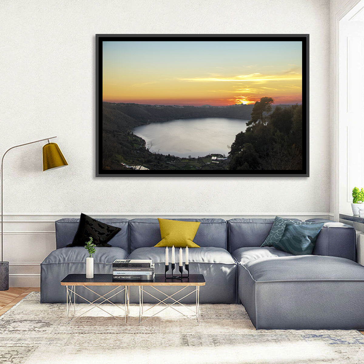 Lake Nemi Golden Sunset Wall Art in a room, landscape