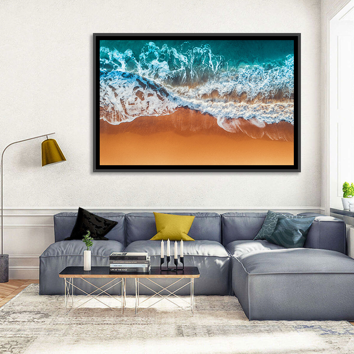 Aerial Beach Waves Wall Art in a room, landscape