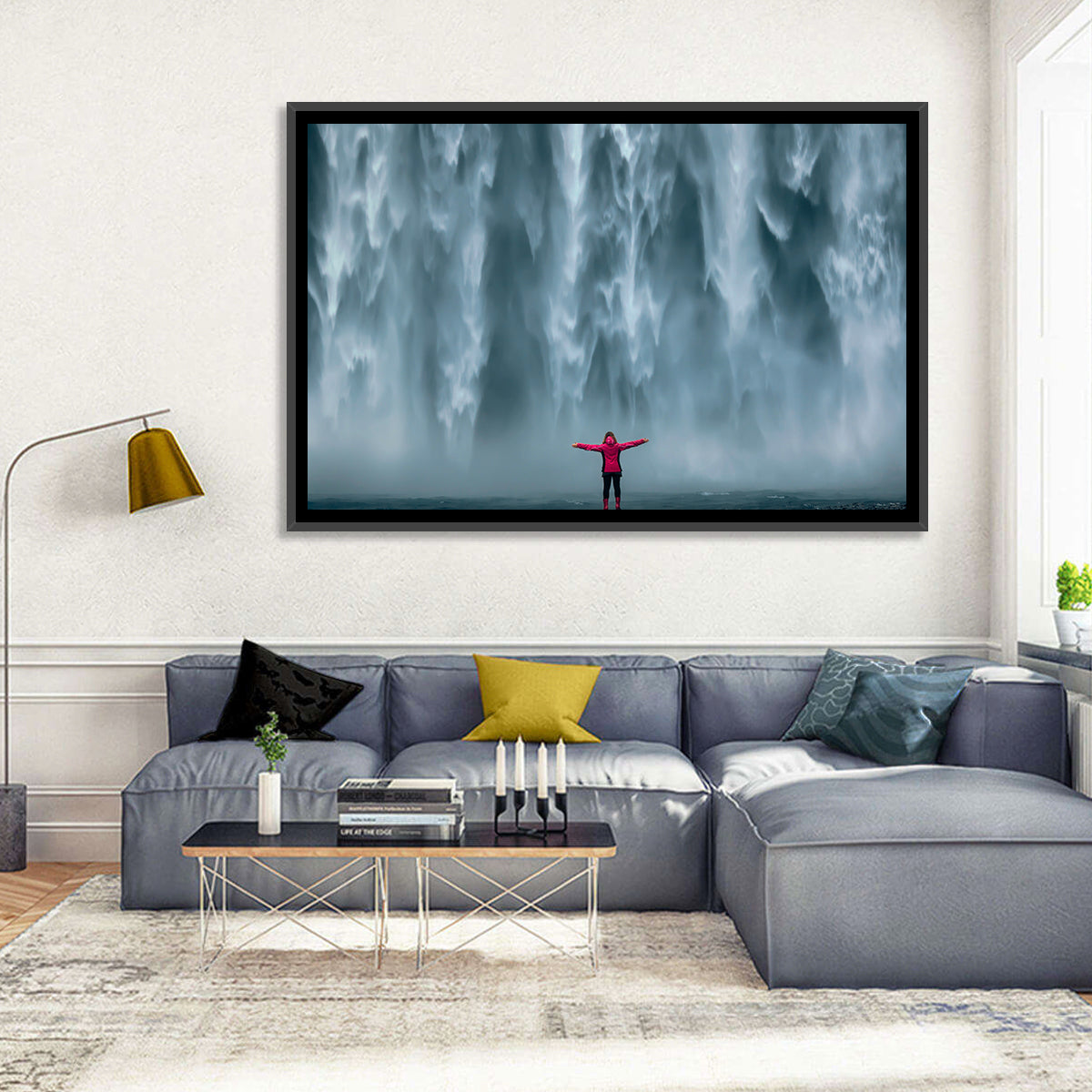 Skogafoss Waterfall with Figure in Pink Wall Art