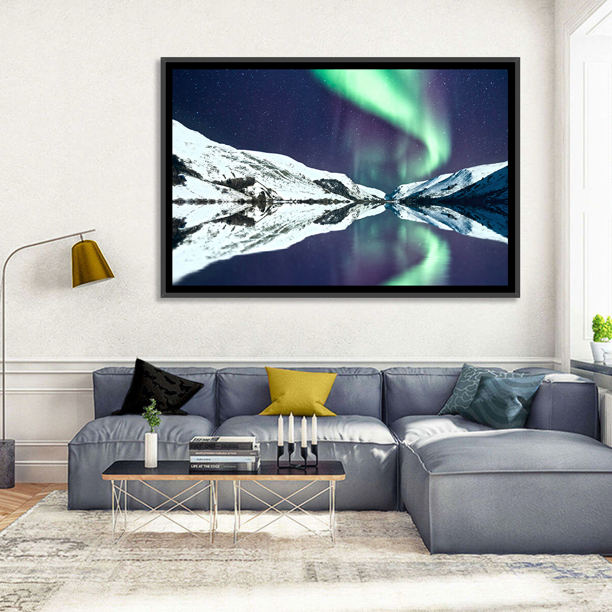Emerald Aurora Over Mirror Lake Wall Art in a room, landscape