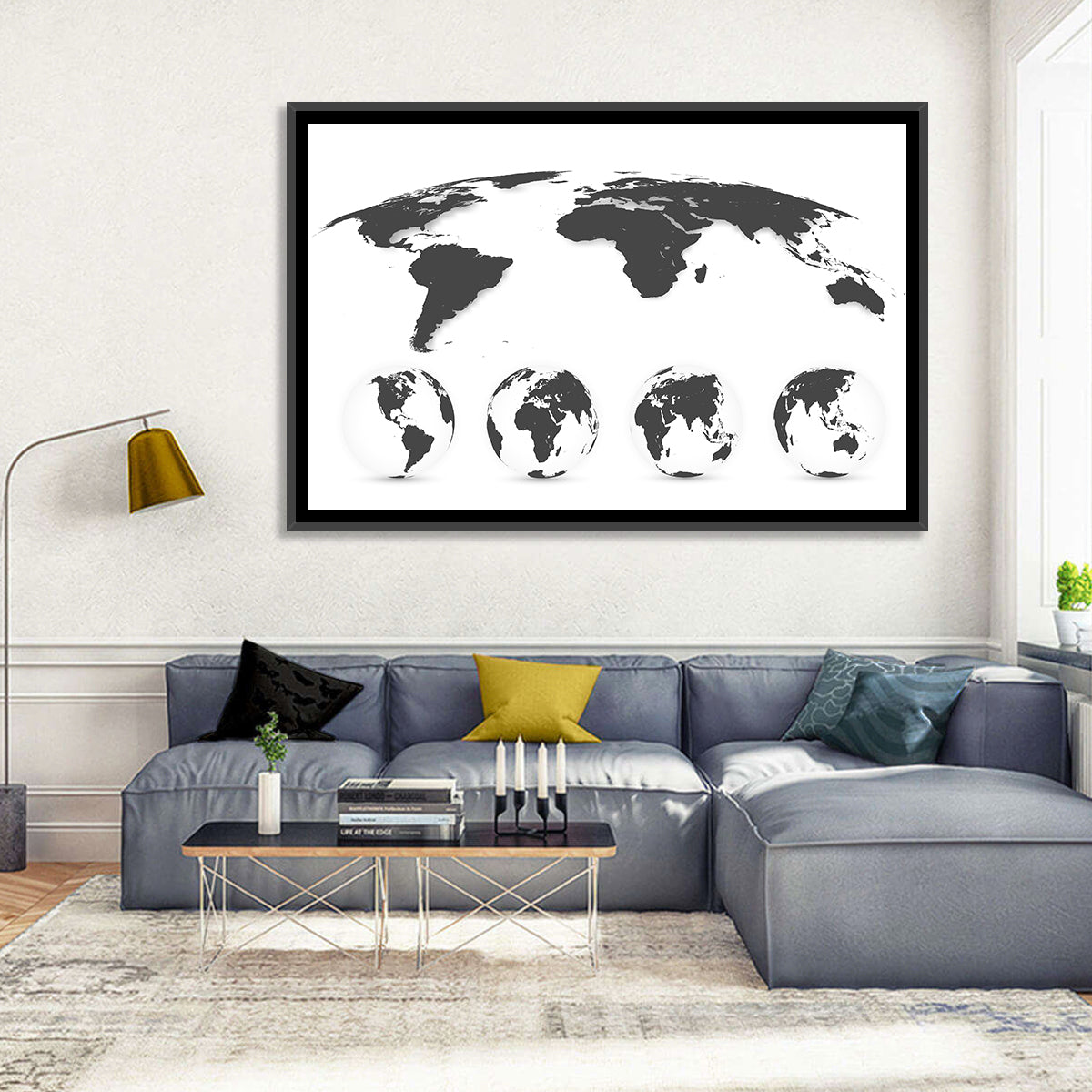 Stylized World Map and Globe Icons Wall Art in a room, landscape