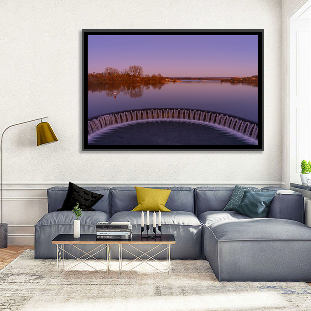 Circular Weir at Dusk Wall Art in a room, landscape