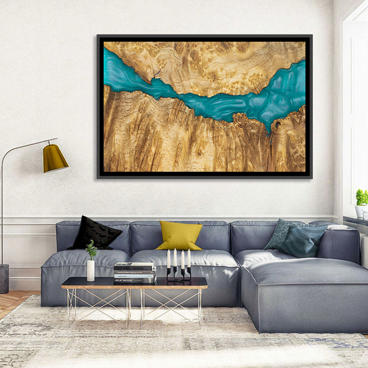 Burled Wood River with Teal Resin Wall Art in a room, landscape
