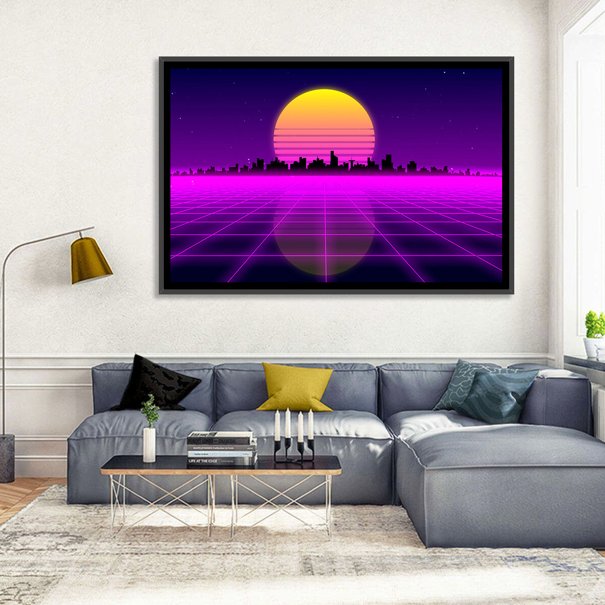 Neon Sunrise Skyline Wall Art in a room, landscape
