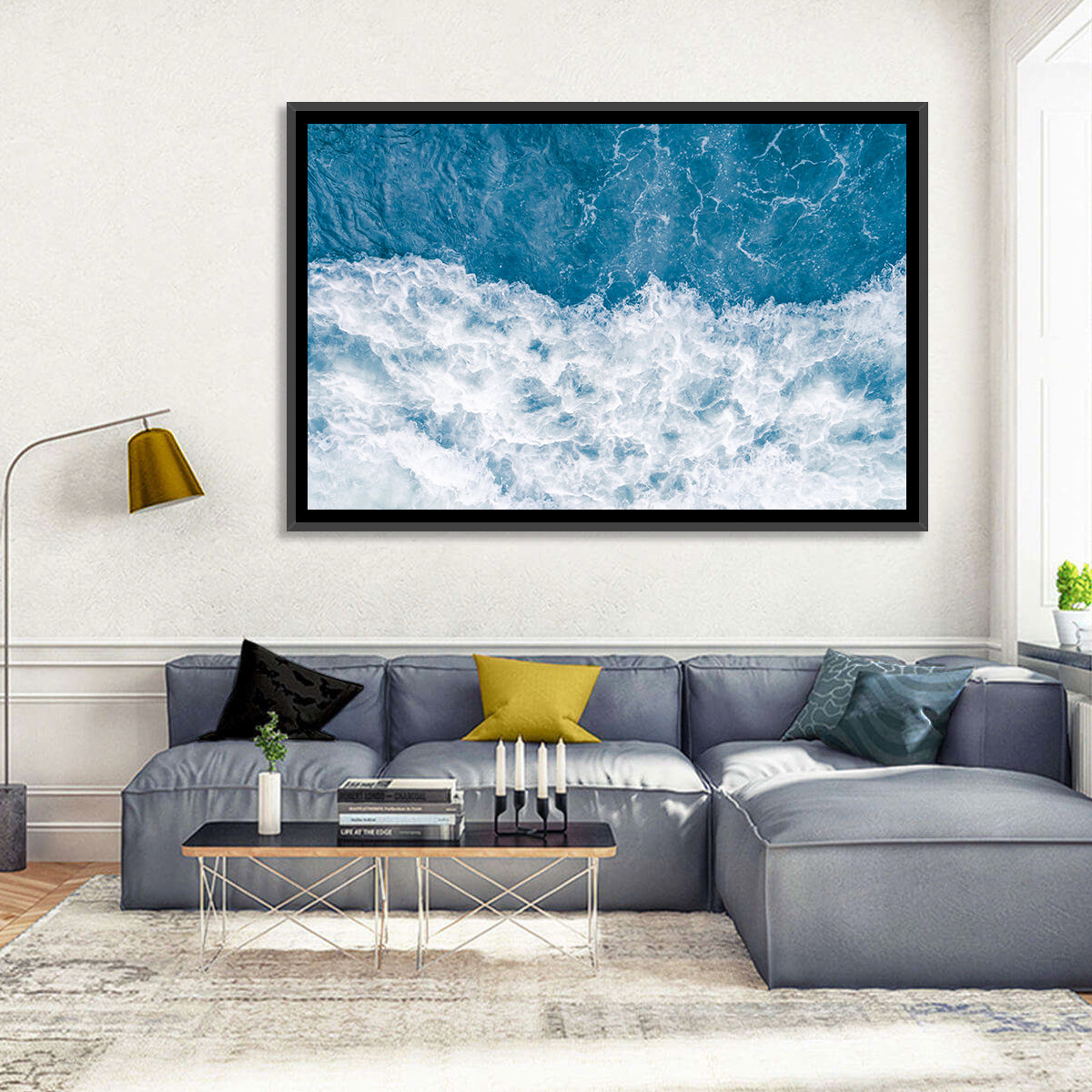 Stormy Blue Sea Wave Wall Art in a room, landscape