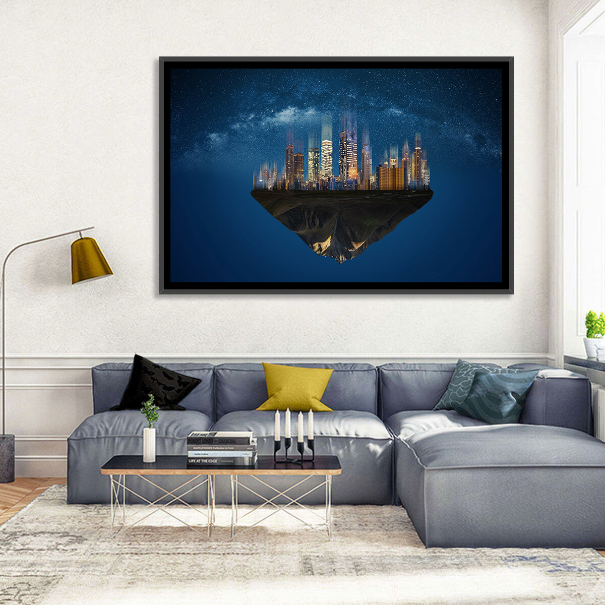 Floating City Island Wall Art in a room, landscape