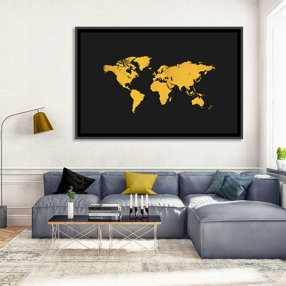 Gold Texture World Map Wall Art in a room, landscape
