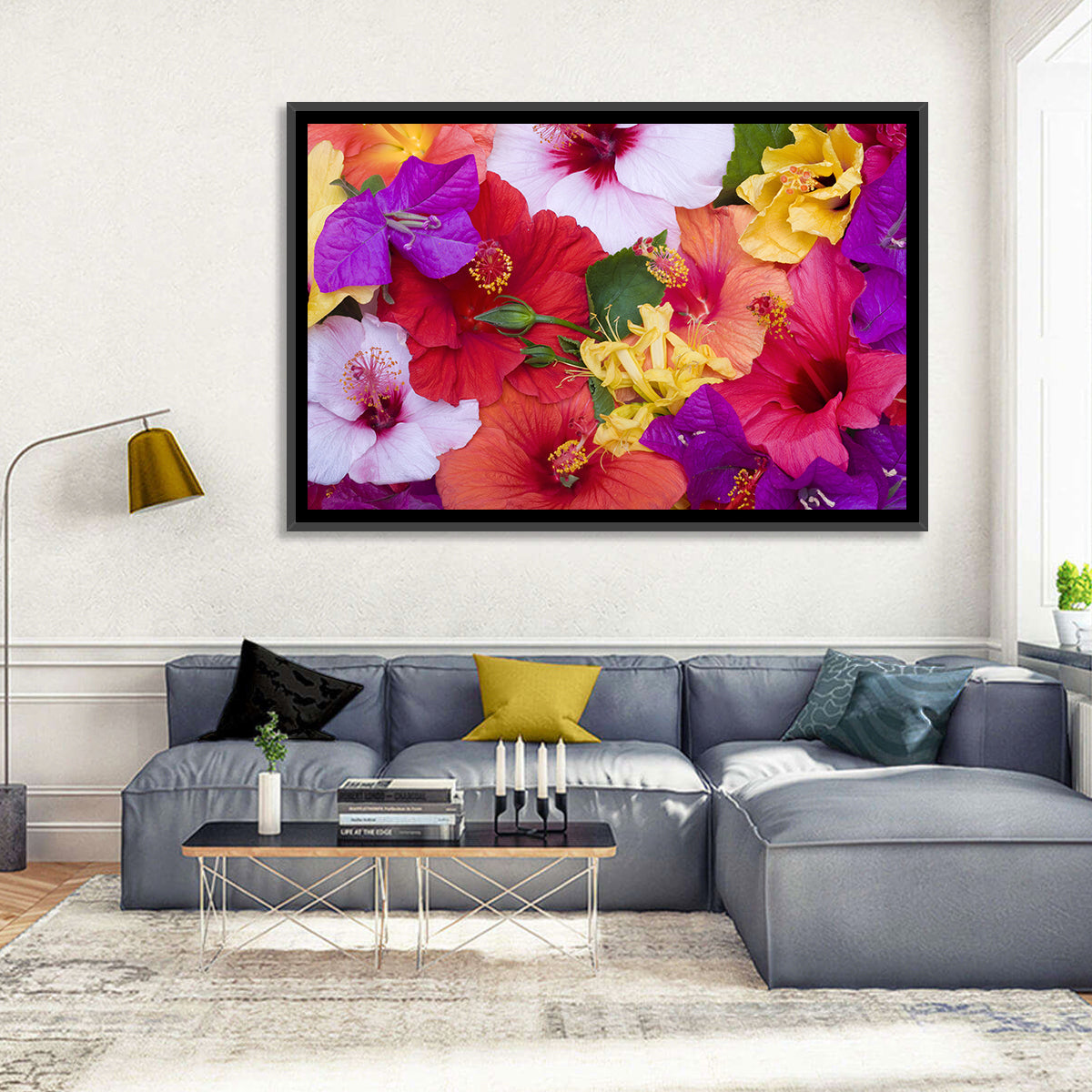 Tropical Bougainvillea and Hibiscus Bloom Wall Art in a room, landscape